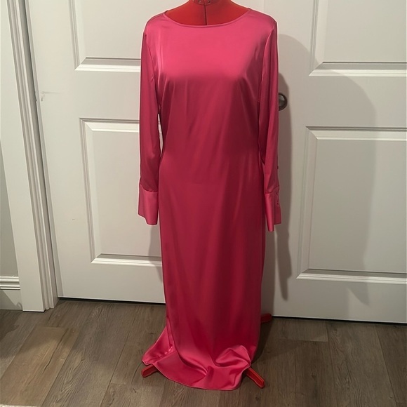 NWT H&M Hot Pink Satin Like Backless Long Sleeve Maxi Party Dress Size Medium - Picture 1 of 7